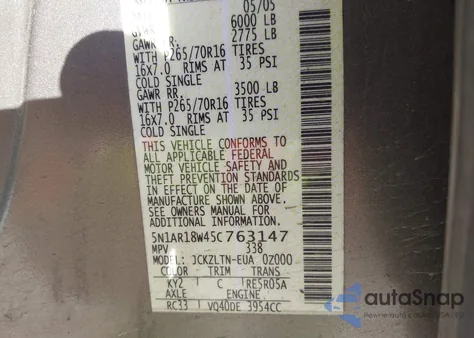 2005 Nissan Pathfinder Le from USA, damaged, VIN 5N1AR18W45C763147